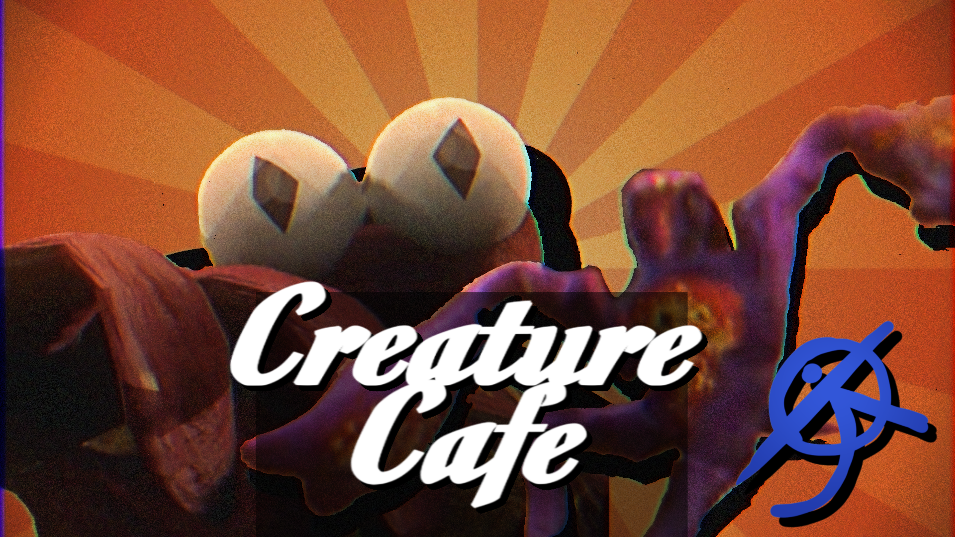 Image showcasing the two main monsters of Creature Cafe. One doesn't have a face, but does have a head. The other has two giant eyes and no mouth. The title is in front of them